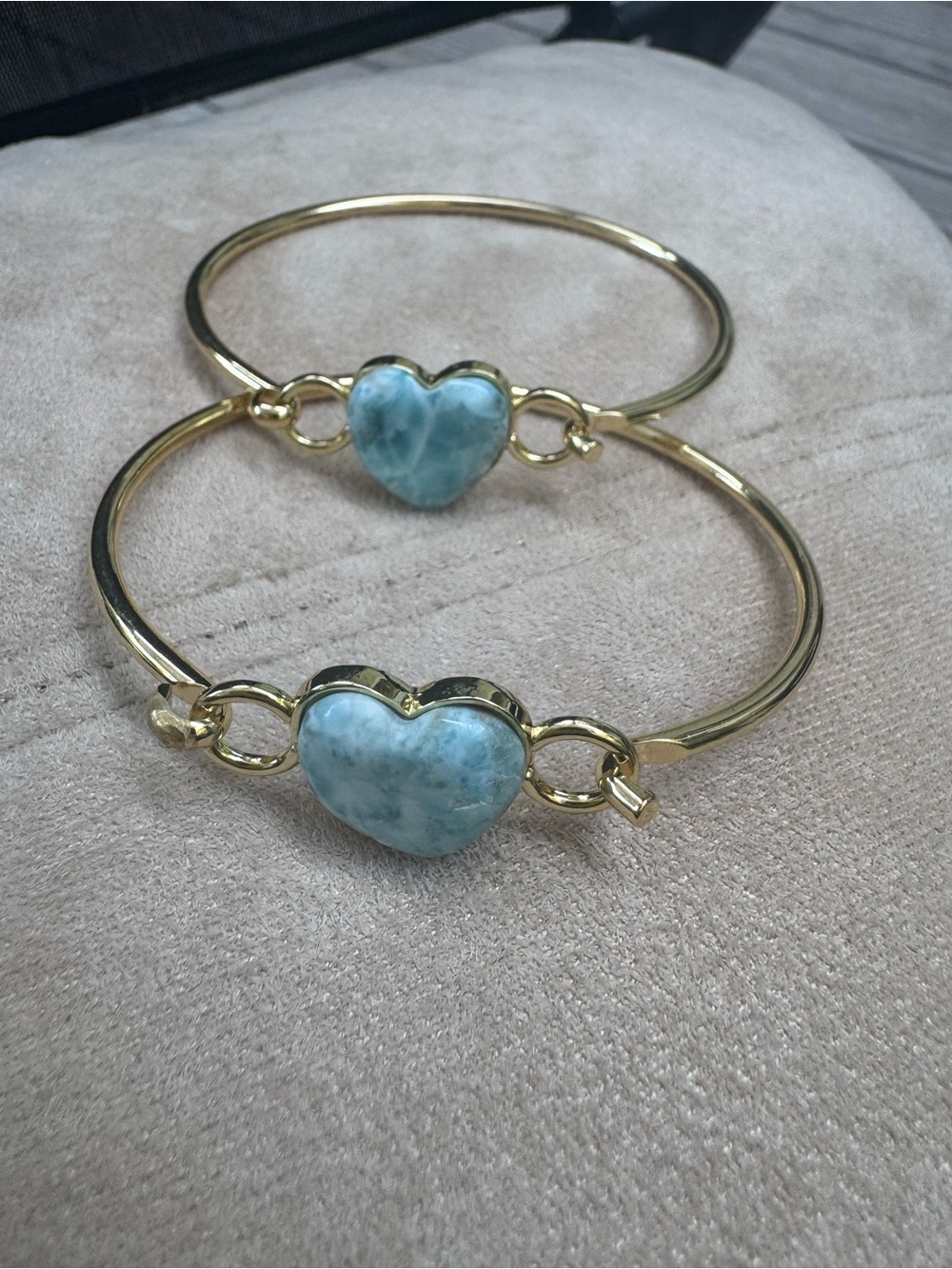 Gold-Plated Heart Stone Bangle Bracelet in Seafoam Blue